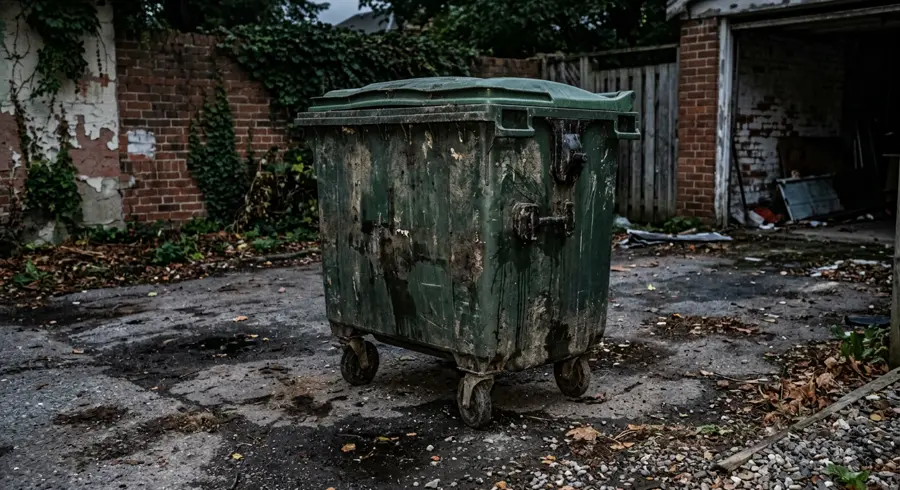 A grimy, dirty trash bin before cleaning