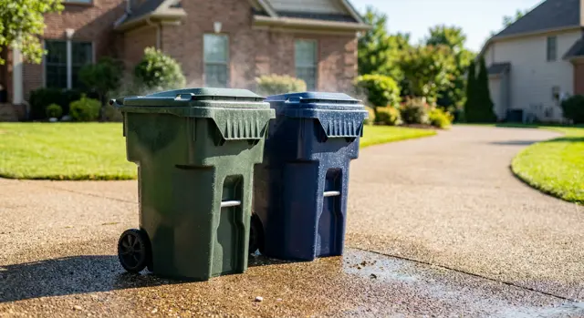 Two freshly cleaned trash bins sparkling on a sunny driveway